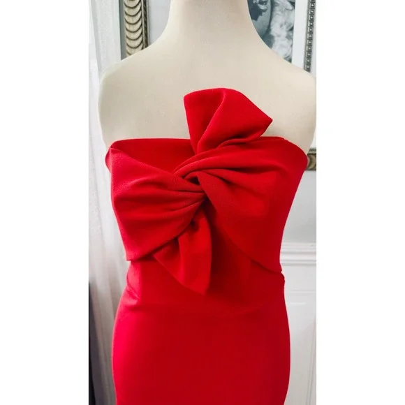 NWT AQUA Formal Strapless Bow Crepe Red Prom Glam Gown 0 - Picture 2 of 7